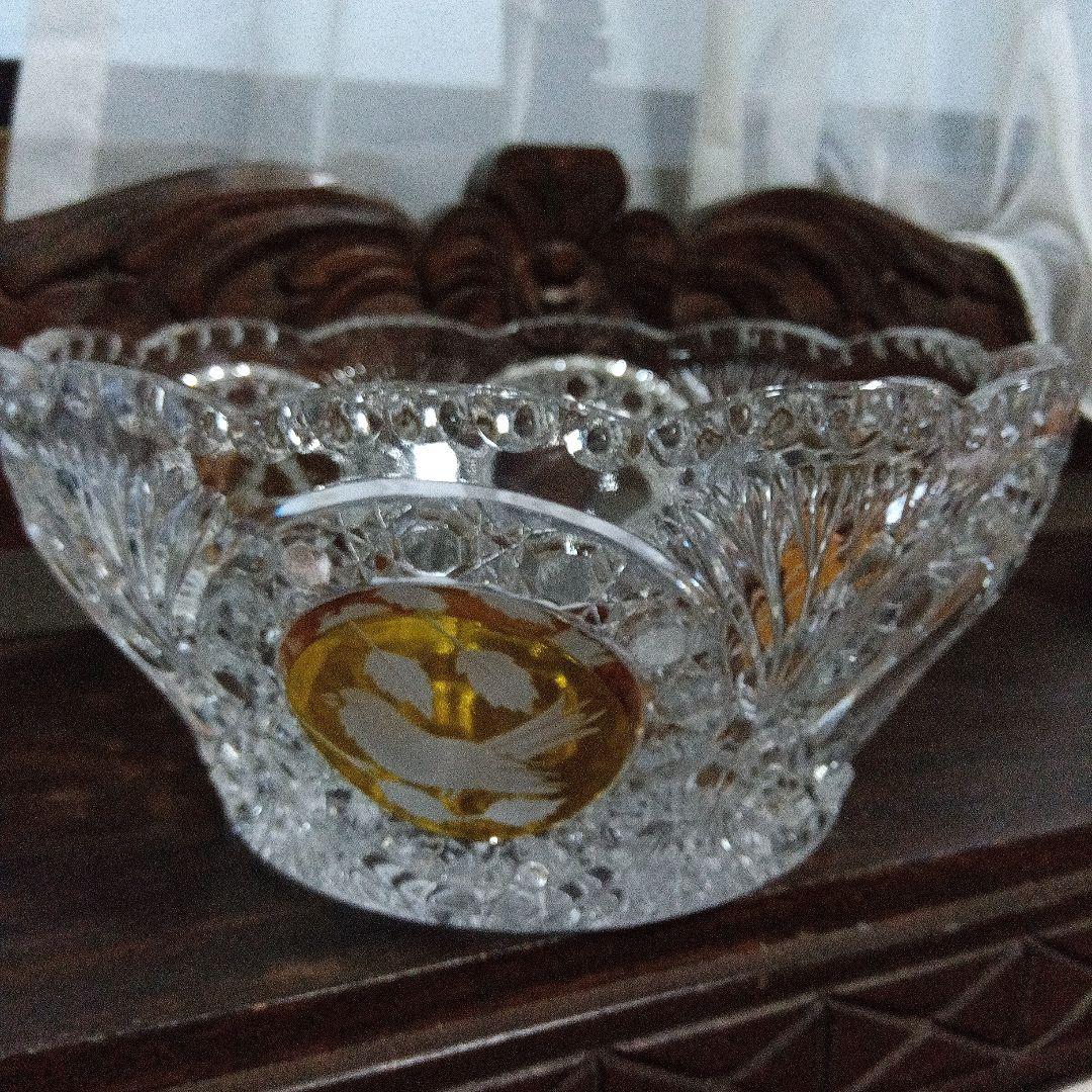 ホフバウワー イエローバードクリスタルガラス ボウル 小鳥アンティーク　西ドイツ