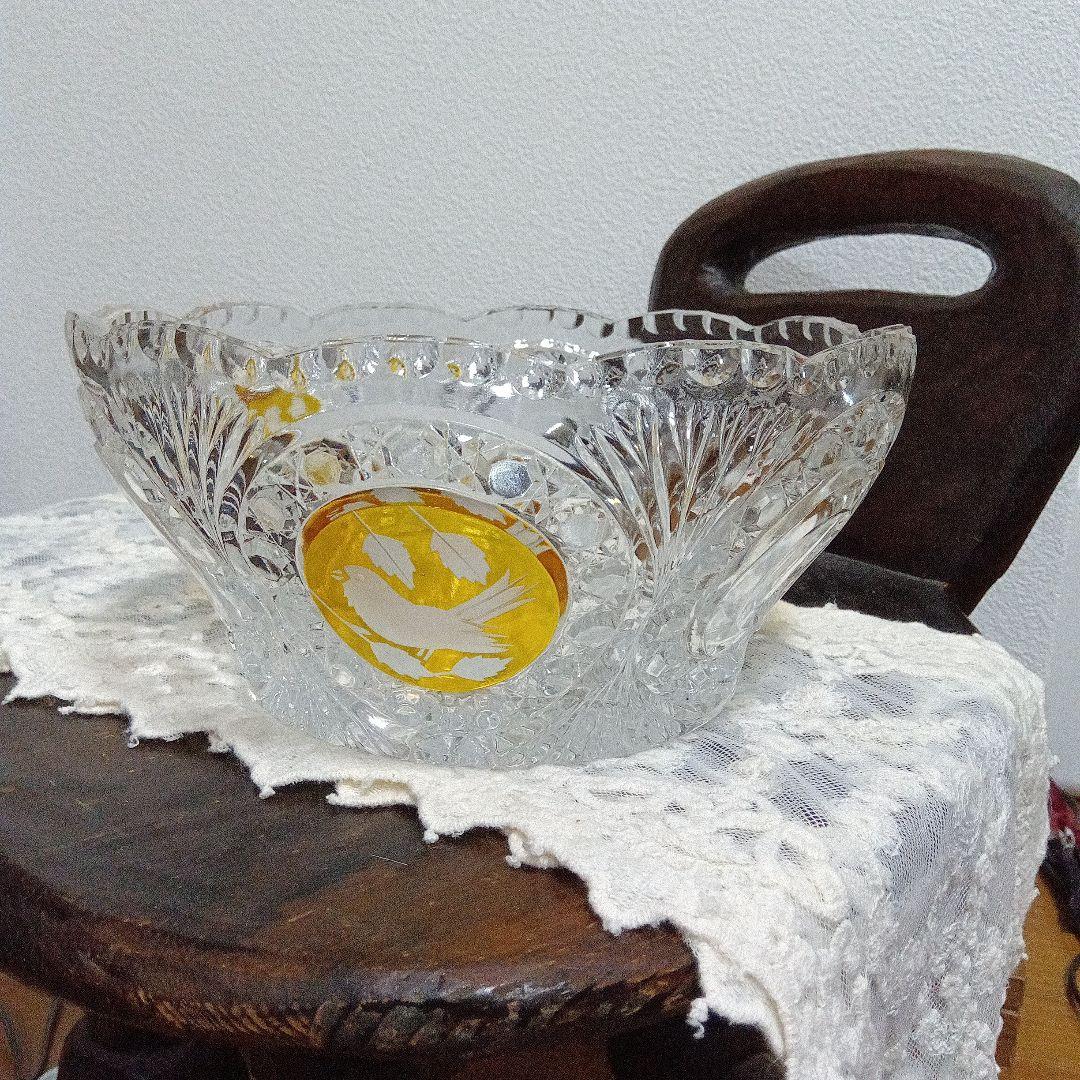 ホフバウワー イエローバードクリスタルガラス ボウル 小鳥アンティーク　西ドイツ