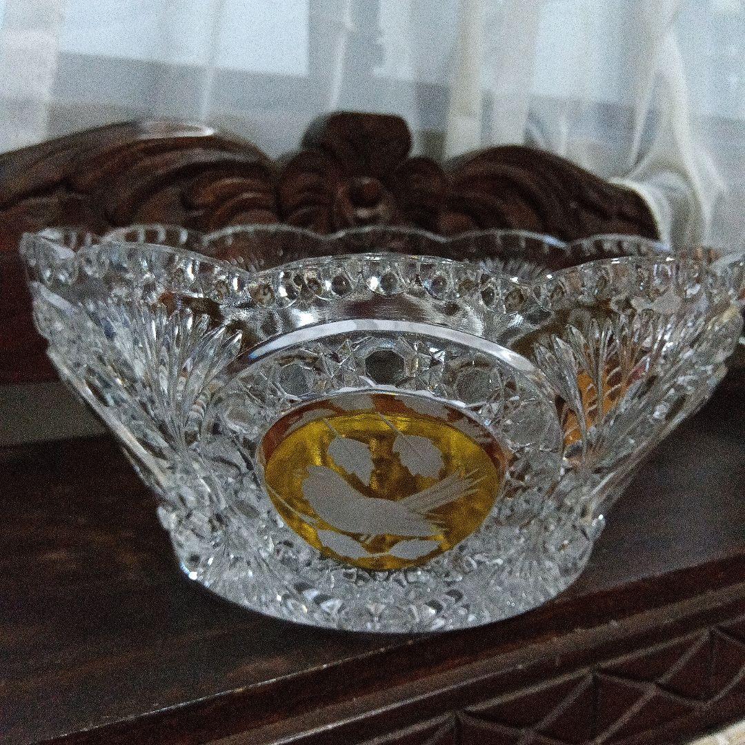 ホフバウワー イエローバードクリスタルガラス ボウル 小鳥アンティーク　西ドイツ