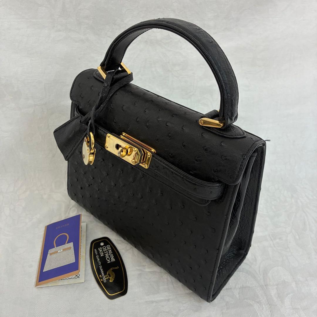 高級【RODANIA】オーストリッチ ハンドバッグ ブラック 本革