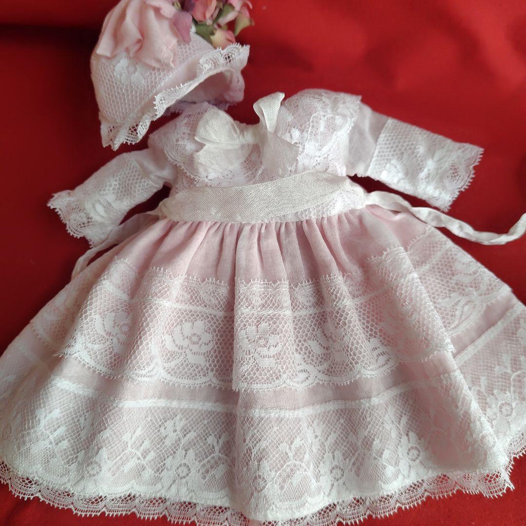 30cm位のドール用ドレス 淡〜いピンクアンティークドレスとボネ