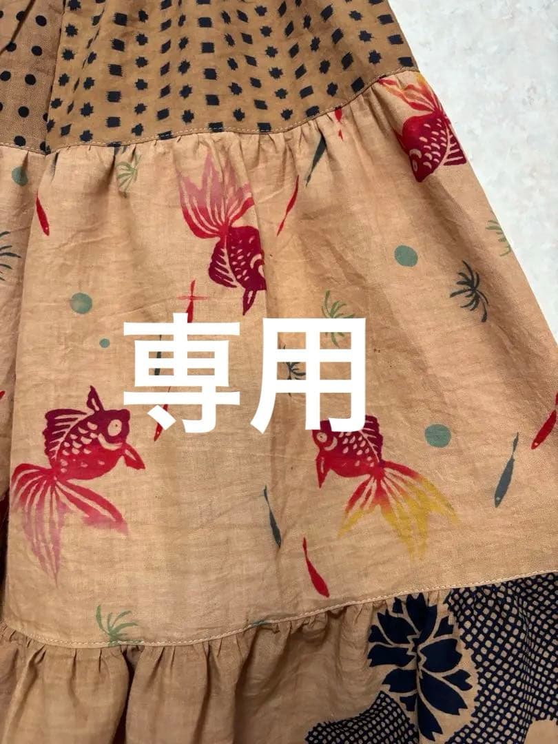 柿渋染め手ぬぐいと浴衣を使った3段ティアードパンツ　金魚　豆絞り