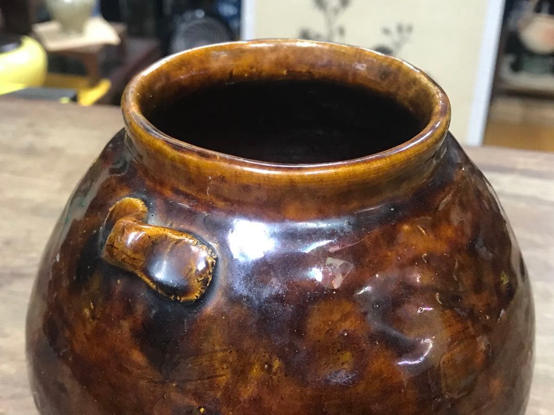 江戸期？骨董　飴釉壺　双耳付き花瓶　在銘　民藝　古民家　茶道具