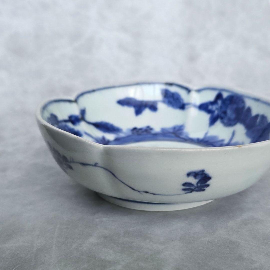 古伊万里　染付　変形皿　江戸時代　五弁花　金直し　金継ぎ　骨董　アンティーク