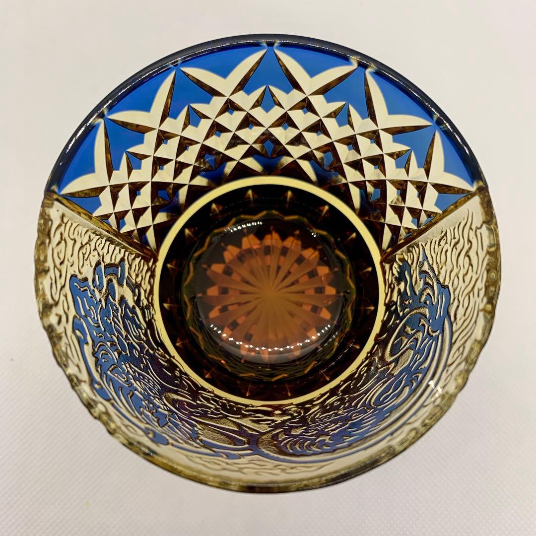 【トミー】江戸切子 オールドグラス 風神雷神に福菱 琥珀ルリ 太武朗工房