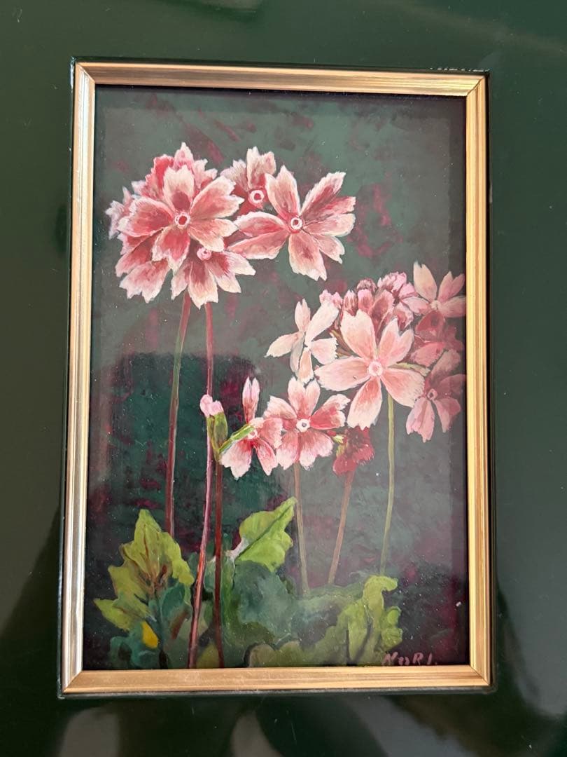 油彩画 花 ピンク ダークグリーン