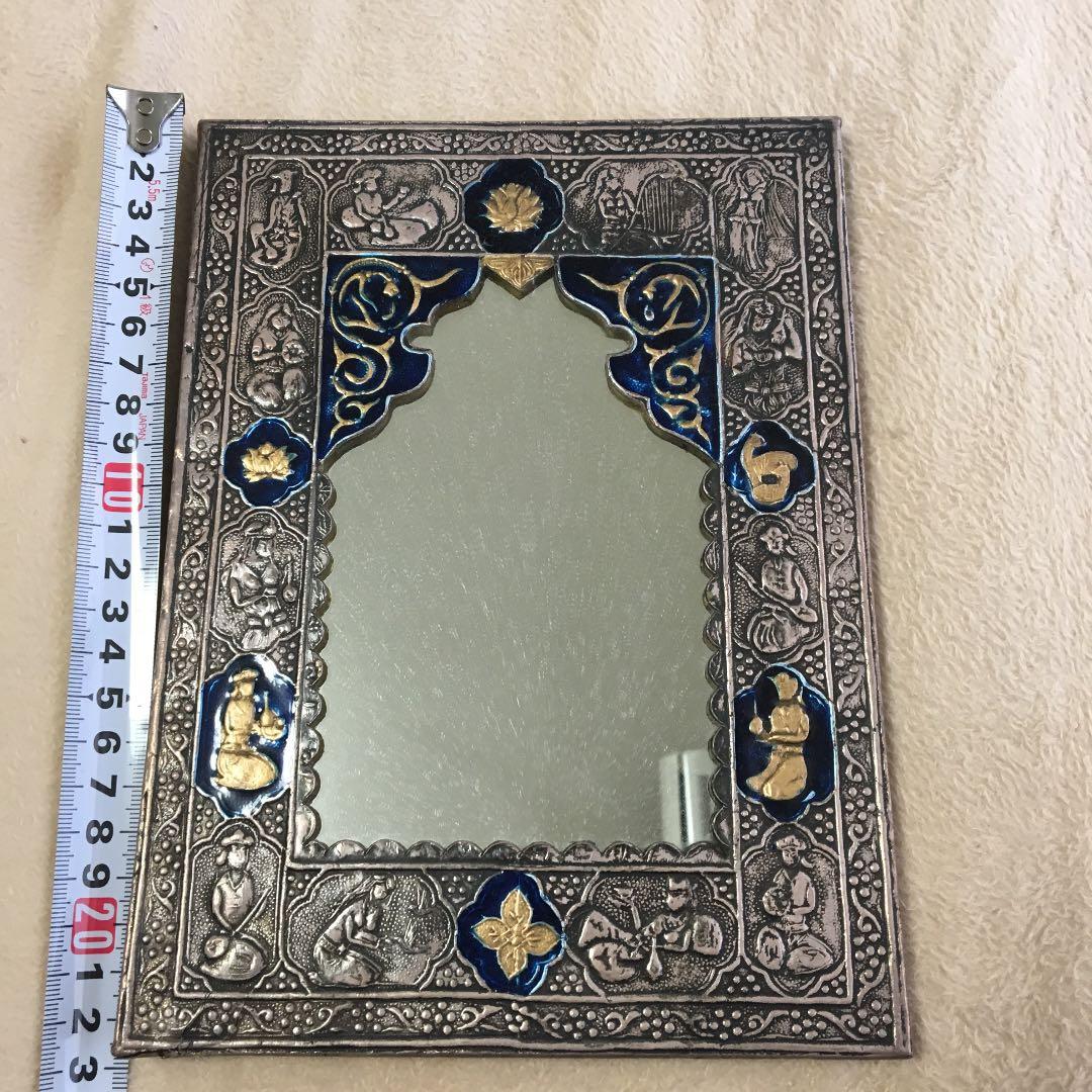 イラン ペルシャ 手彫り 彫金 七宝 鏡 骨董品 アンティーク