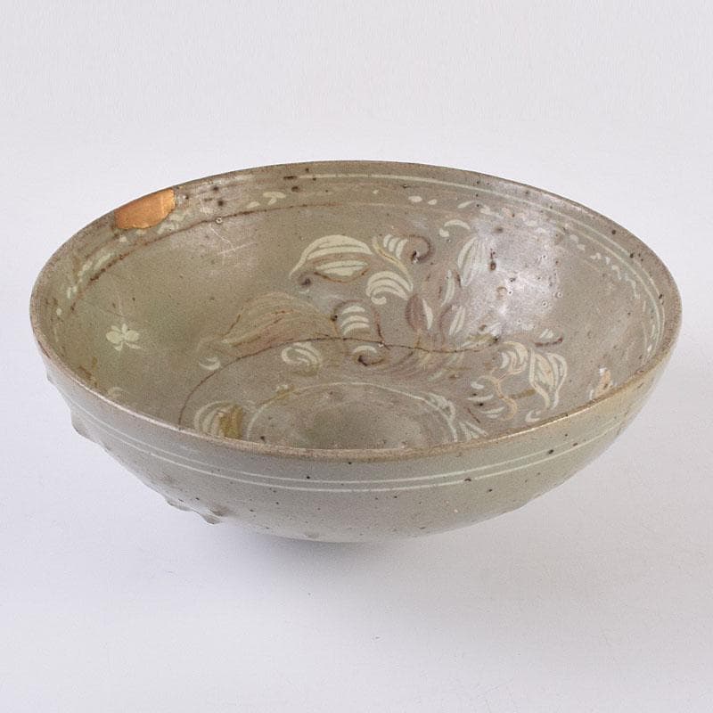 朝鮮美術　李朝　高麗青磁　象嵌花文碗　金継ぎ直し　V　R8968