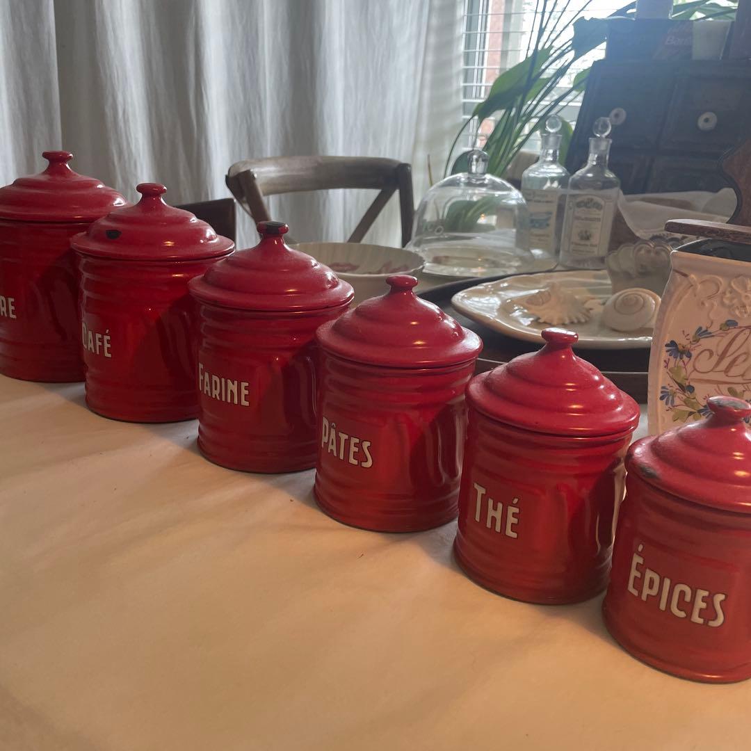 ‼️SALE開催‼️ビンテージ赤ホーローキャニスター　6個セット　キッチン雑貨