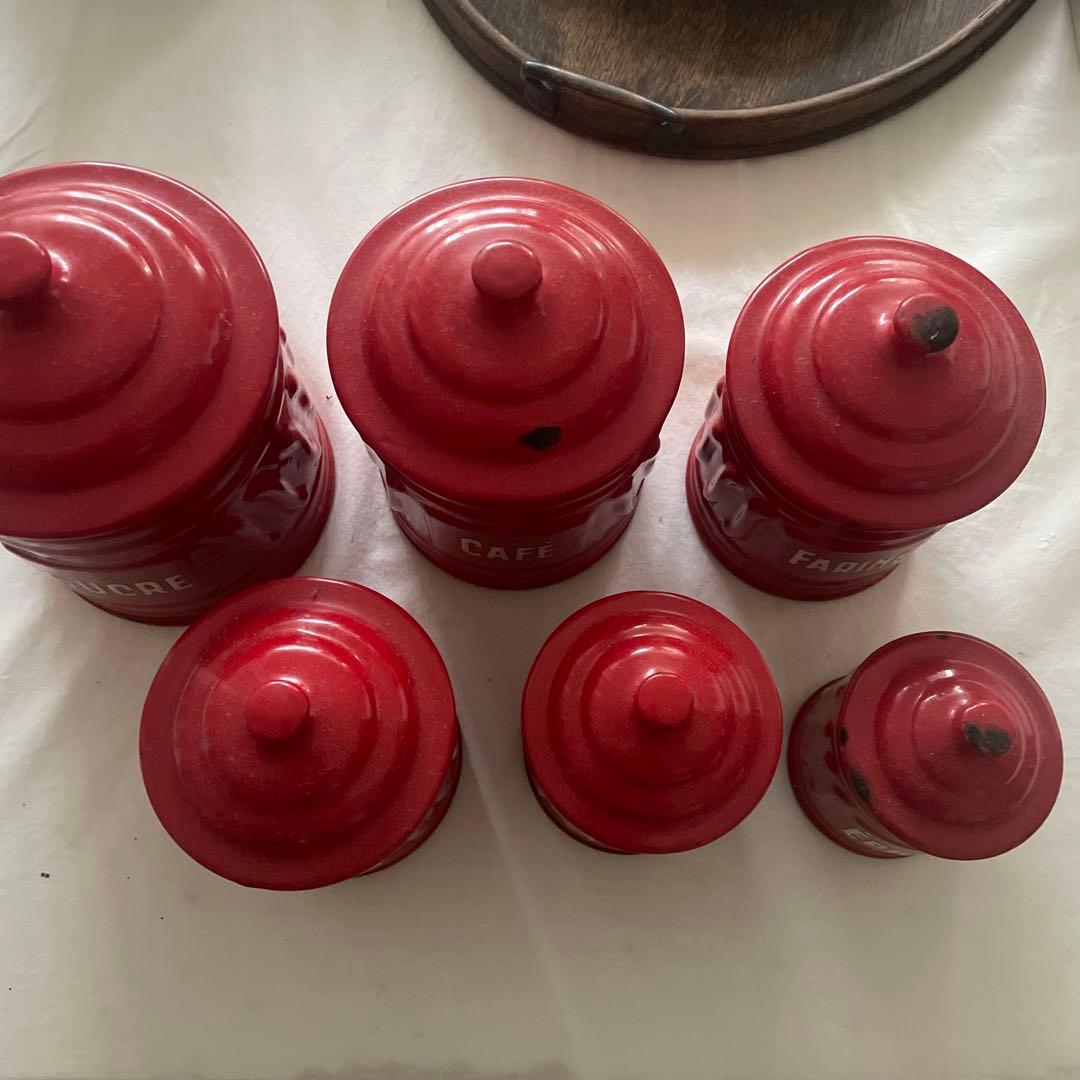 ‼️SALE開催‼️ビンテージ赤ホーローキャニスター　6個セット　キッチン雑貨