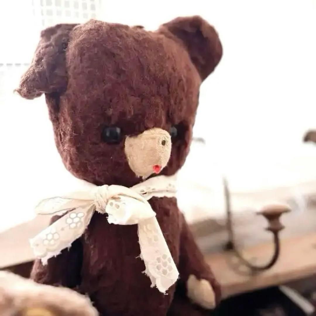アンティーク　テディベア 茶色のリボン付きぬいぐるみ 約30cm