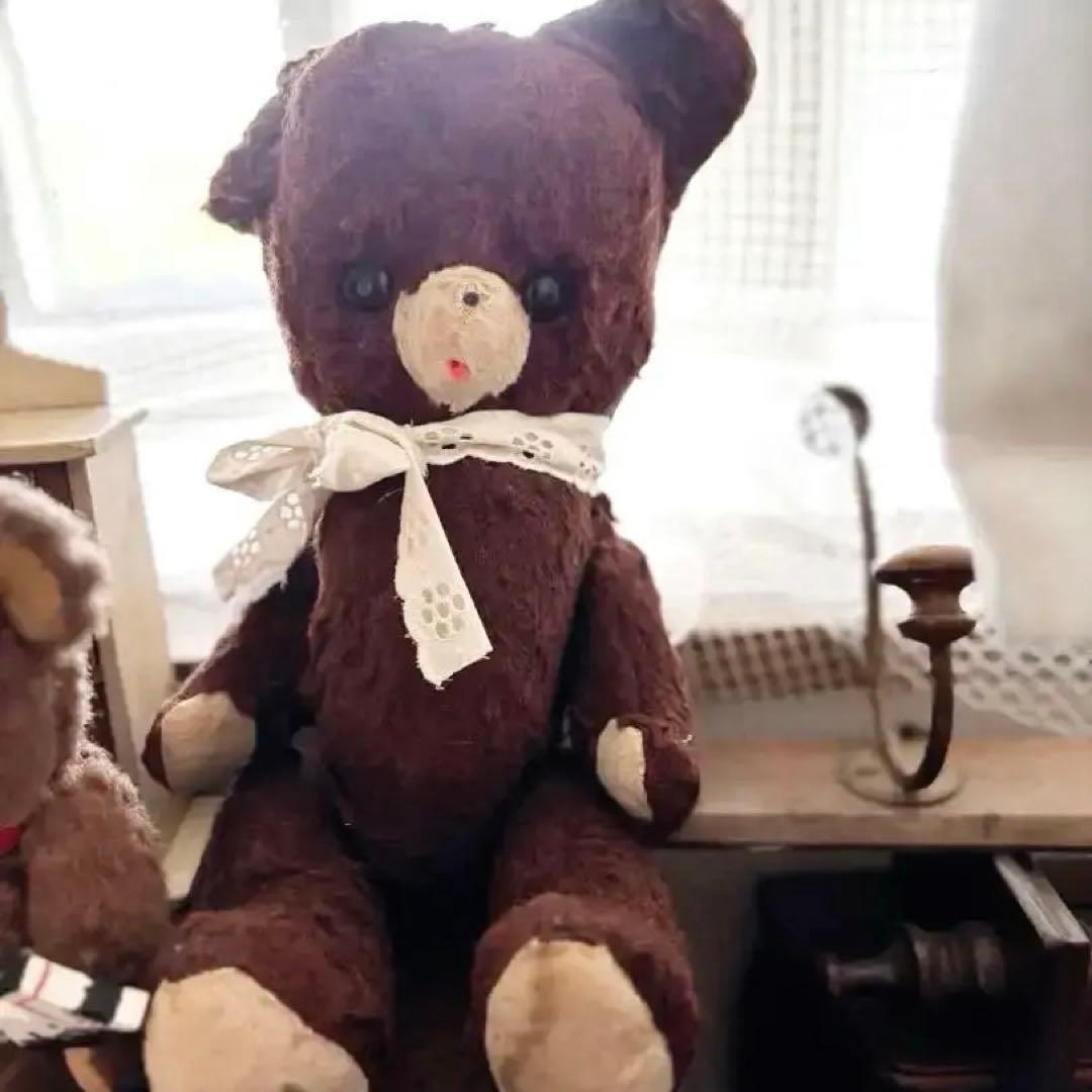 アンティーク　テディベア 茶色のリボン付きぬいぐるみ 約30cm