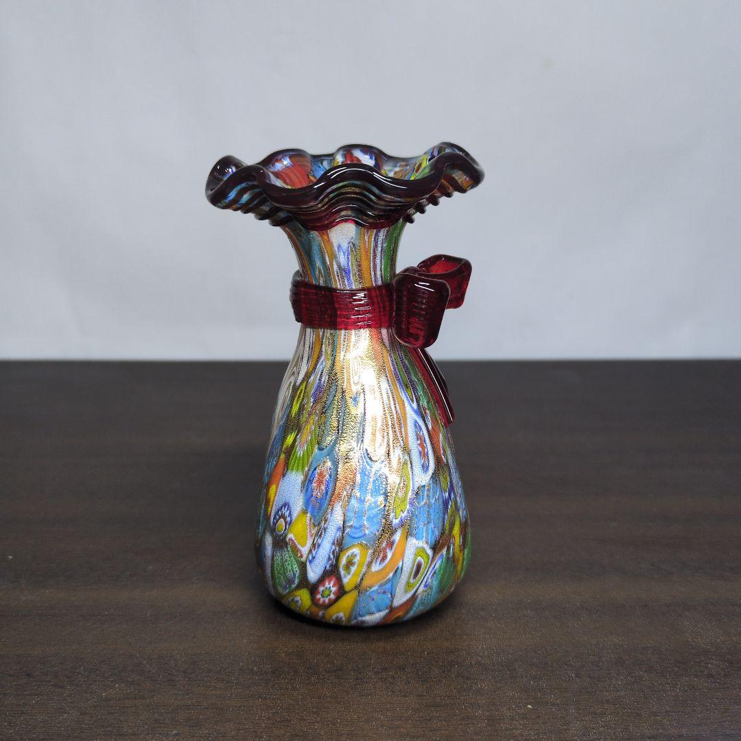 ムラーノ 金彩カラフル ミルフィオリ リボン付き 花瓶 高さ約12cm
