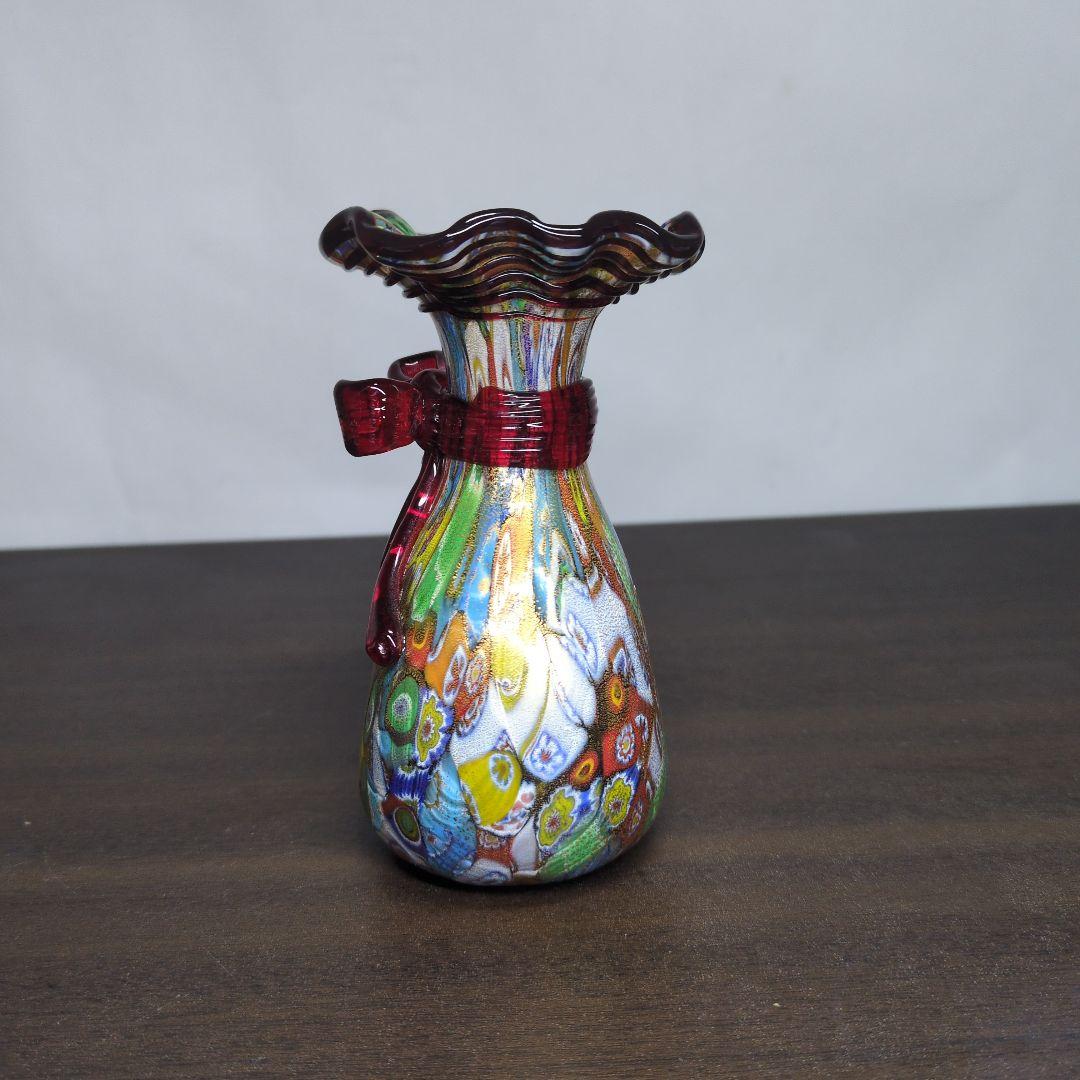 ムラーノ 金彩カラフル ミルフィオリ リボン付き 花瓶 高さ約12cm