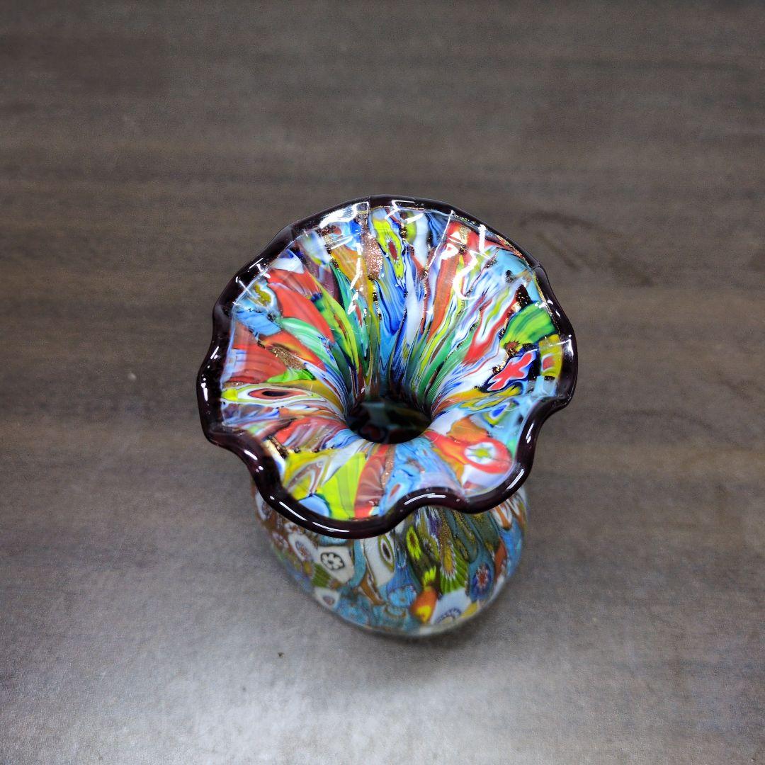 ムラーノ 金彩カラフル ミルフィオリ リボン付き 花瓶 高さ約12cm