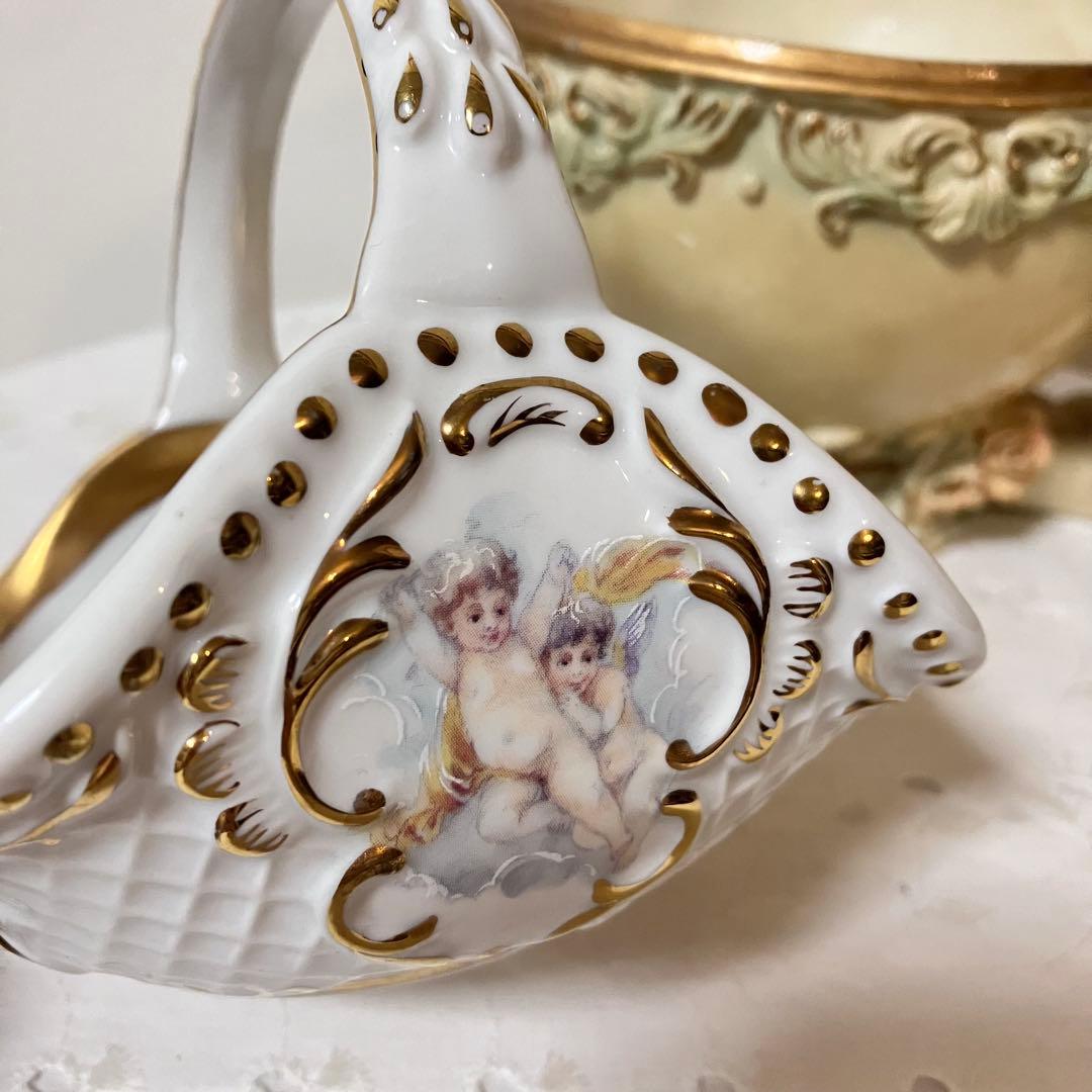 イタリア製 天使 エンジェル アンティーク調 置物 小物入れ／陶器製バスケット