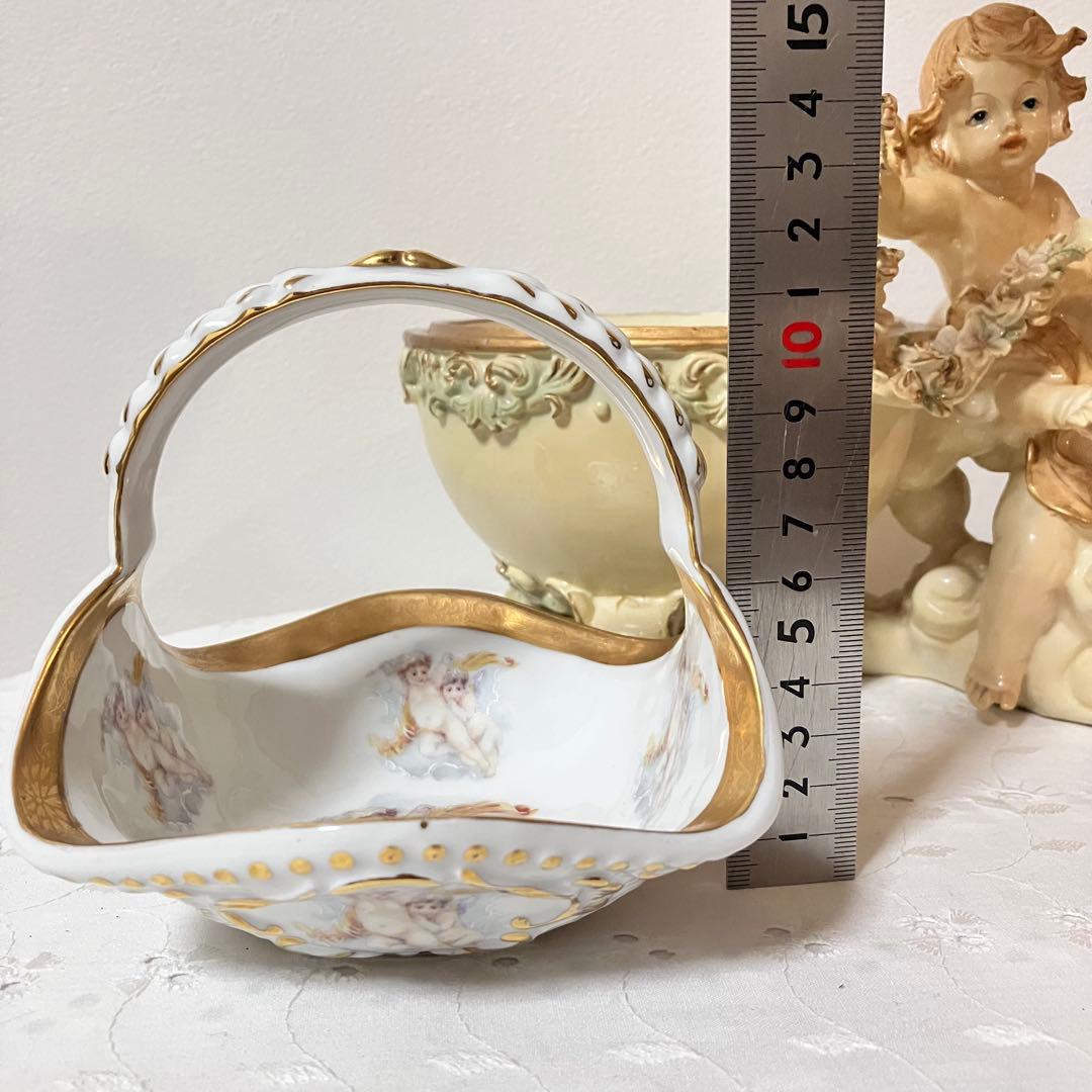 イタリア製 天使 エンジェル アンティーク調 置物 小物入れ／陶器製バスケット