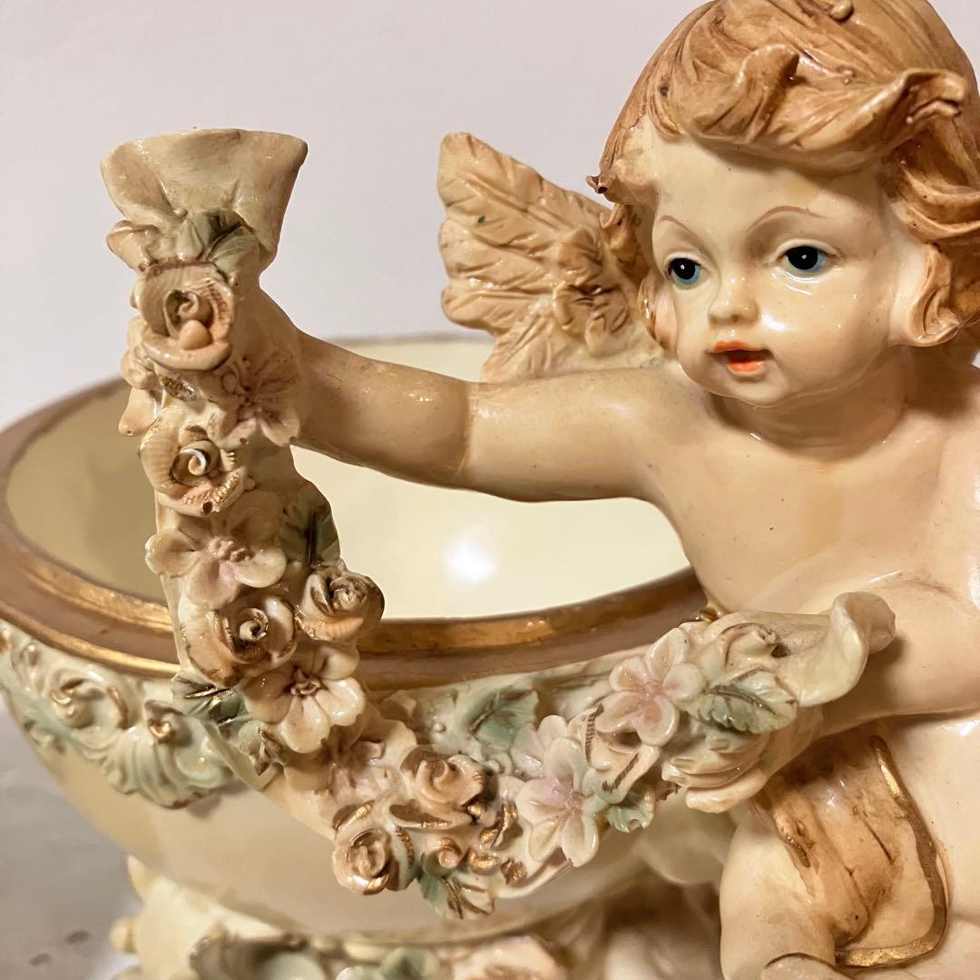 イタリア製 天使 エンジェル アンティーク調 置物 小物入れ／陶器製バスケット