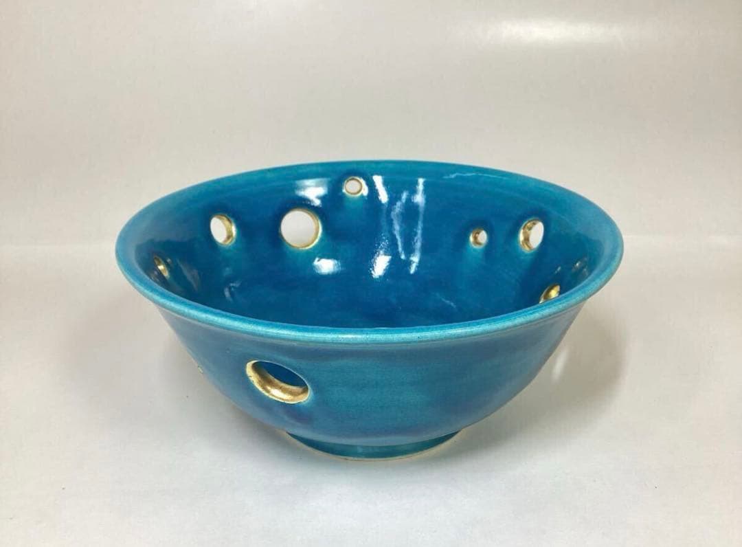 茶道具 古物品 菓子鉢 萬古 トルコ釉 水玉透かし 加賀瑞山 木箱入