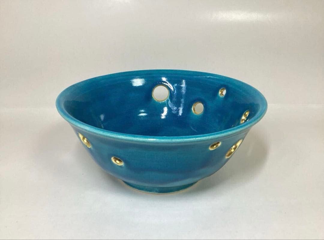 茶道具 古物品 菓子鉢 萬古 トルコ釉 水玉透かし 加賀瑞山 木箱入