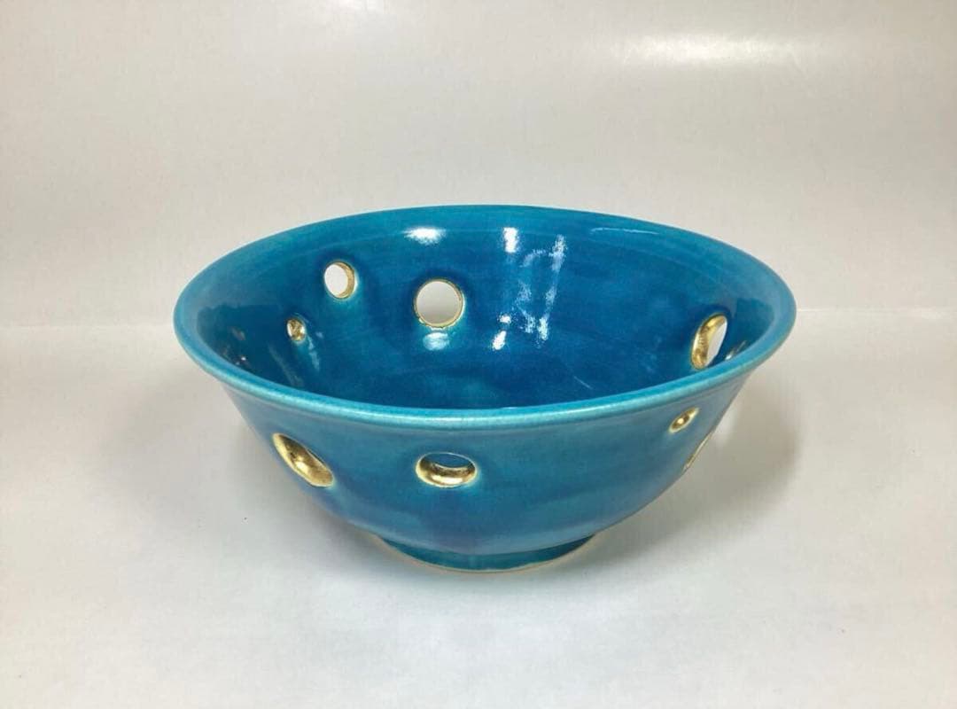 茶道具 古物品 菓子鉢 萬古 トルコ釉 水玉透かし 加賀瑞山 木箱入