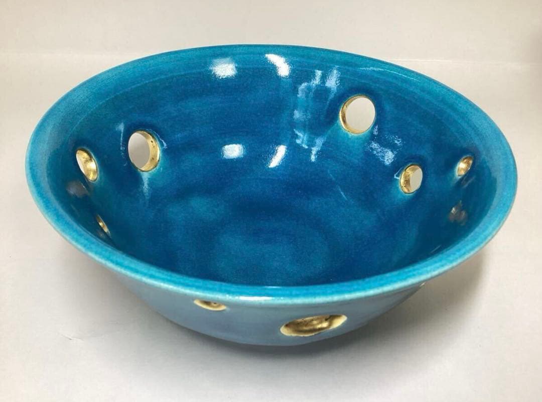 茶道具 古物品 菓子鉢 萬古 トルコ釉 水玉透かし 加賀瑞山 木箱入