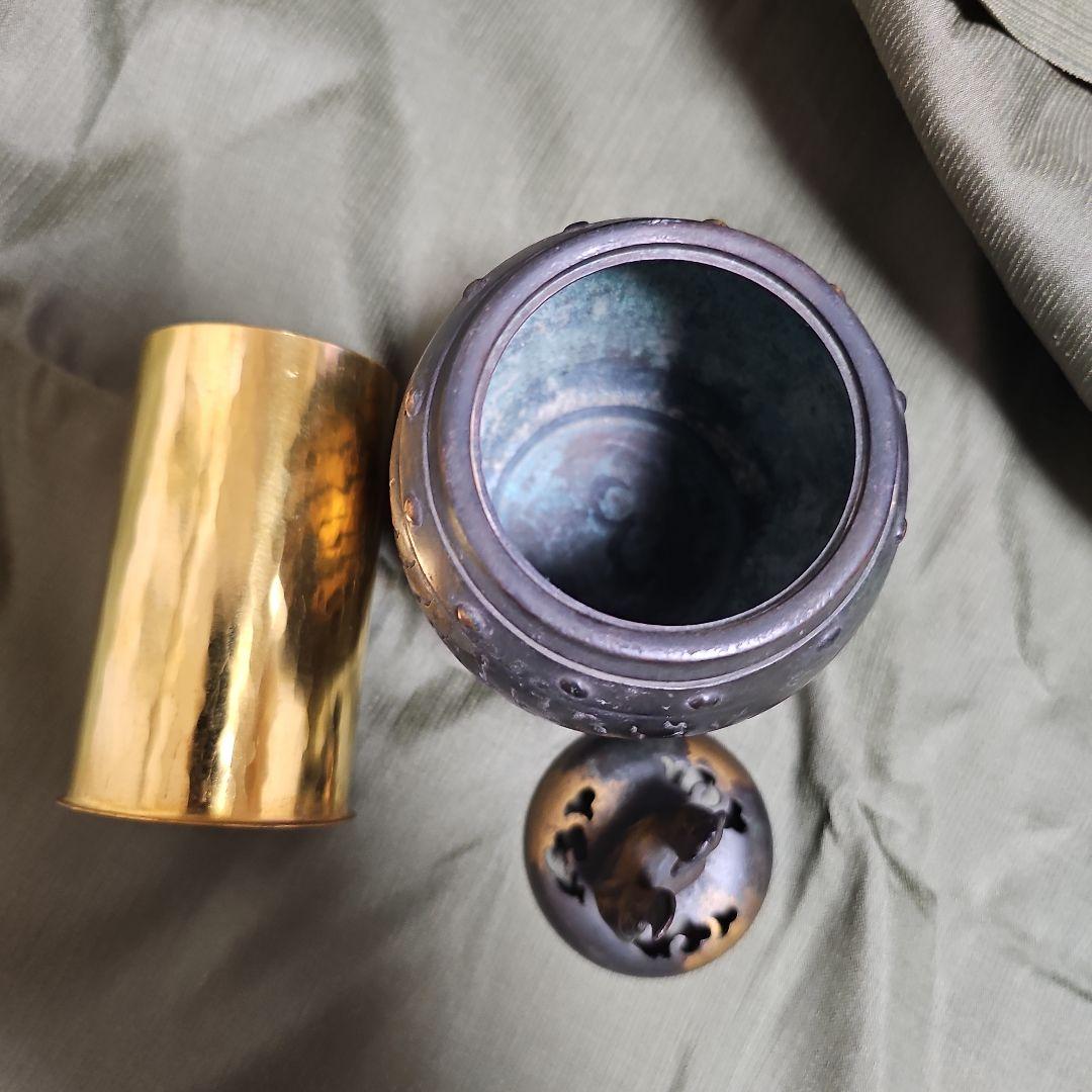 秦蔵六造　鍍金銅　諌鼓　香炉