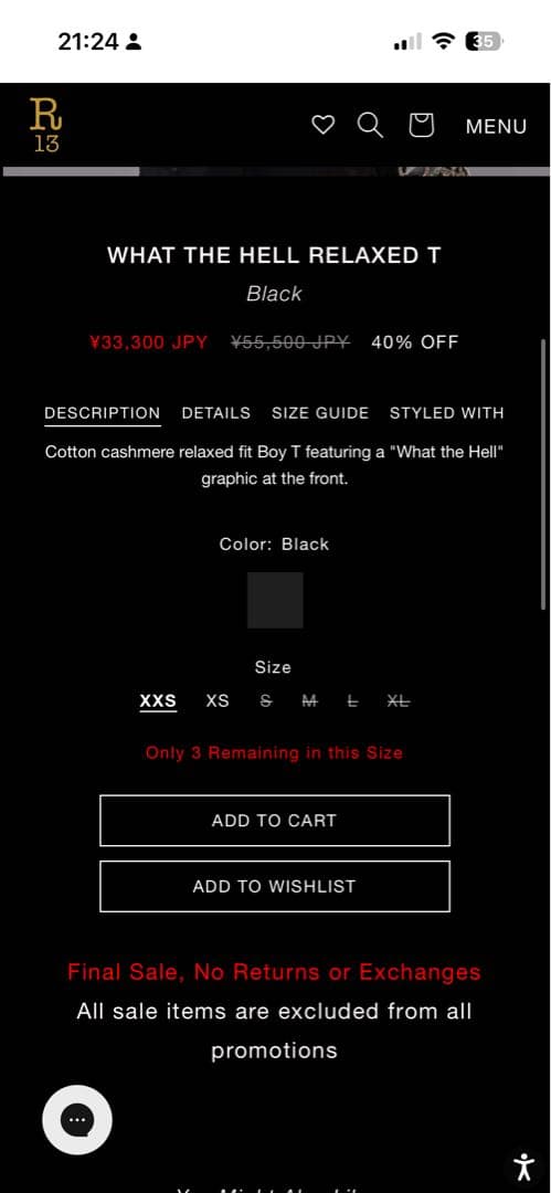 R13 UNISEX WHAT THE HELL RELAXED T ブラックM