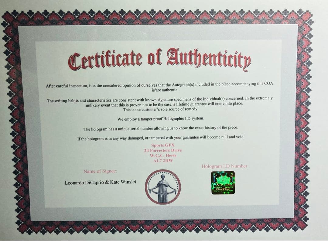 タイタニック レオナルド・ディカプリオ & ケイト　直筆サイン入り写真 保証書P