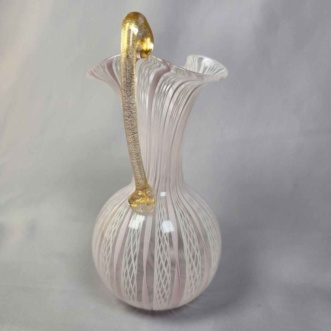 MURANO ITALY金彩 ピンクレースライン ピッチャー 花瓶