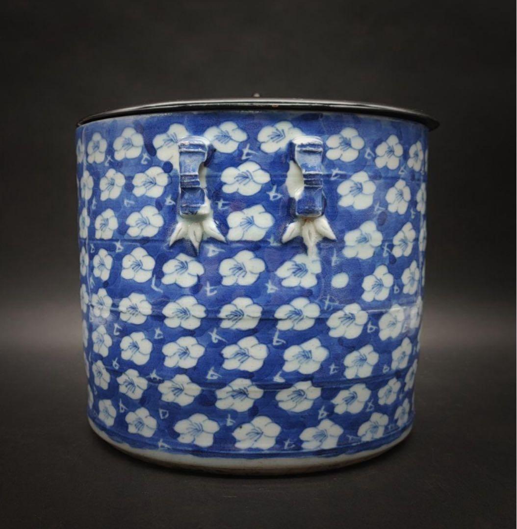 中國美術 古玩 双耳竹纹样壺 青華染付 水指し