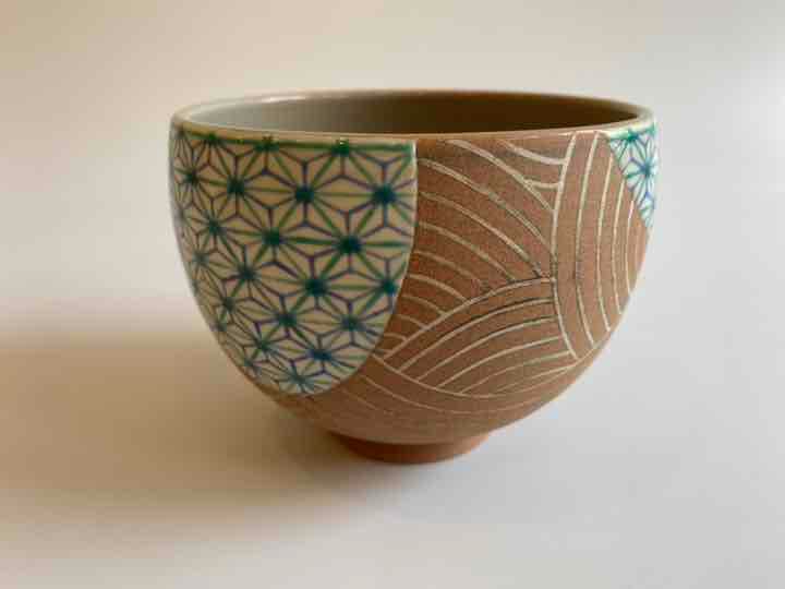 波文様麻の葉色絵抹茶茶碗　通次阿山造