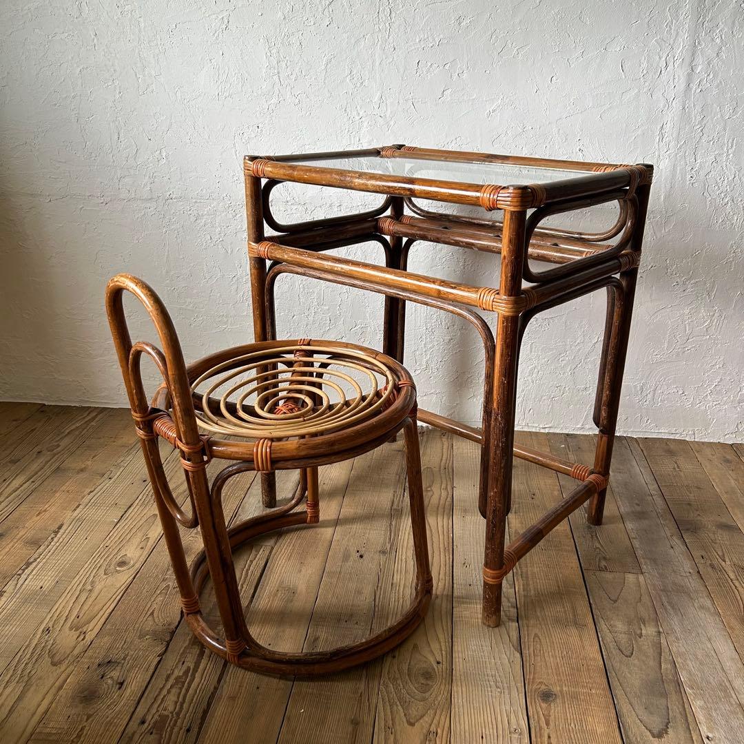 ラタン 籐 ミニテーブル & チェア の セット