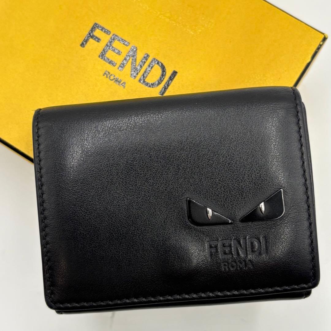 FENDI モンスター バグズ 折り財布 コンパクトウォレット レザー ブラック