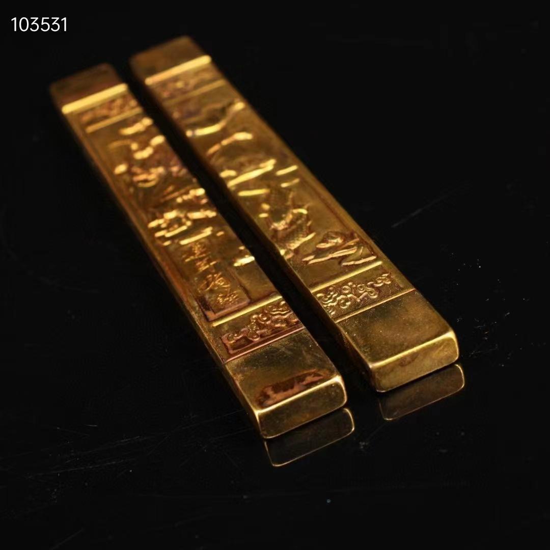 中国古美術·旧藏·純手作り・純銅・鎏金鎮尺一セット·文房具·置物·賞物・風水開運