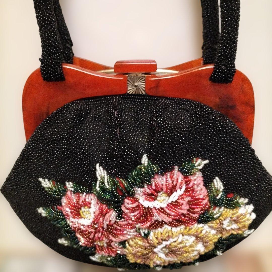 d*9様 ビーズ総刺繍/花柄 ボタニカル柄/べっ甲調がま口　ハンドバッグ ビーズ