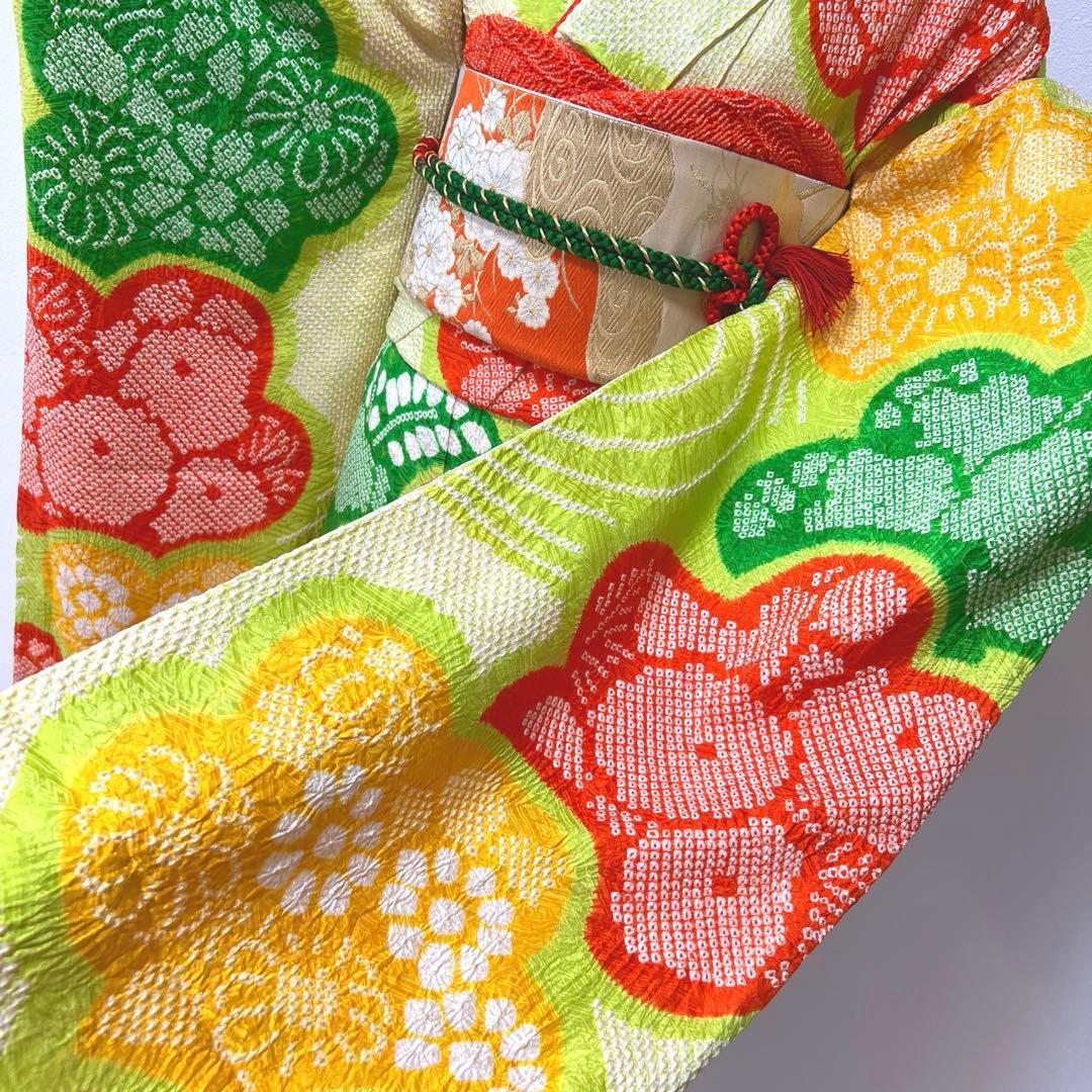 358 振袖フルセット 正絹 総絞り 黄緑 グリーン 黄色 朱赤 カラフル 古典