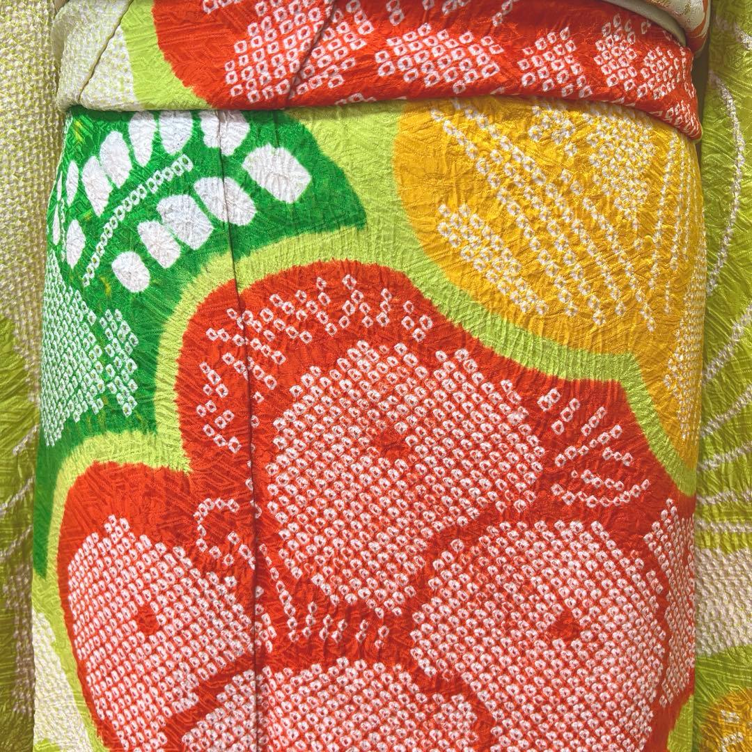 358 振袖フルセット 正絹 総絞り 黄緑 グリーン 黄色 朱赤 カラフル 古典