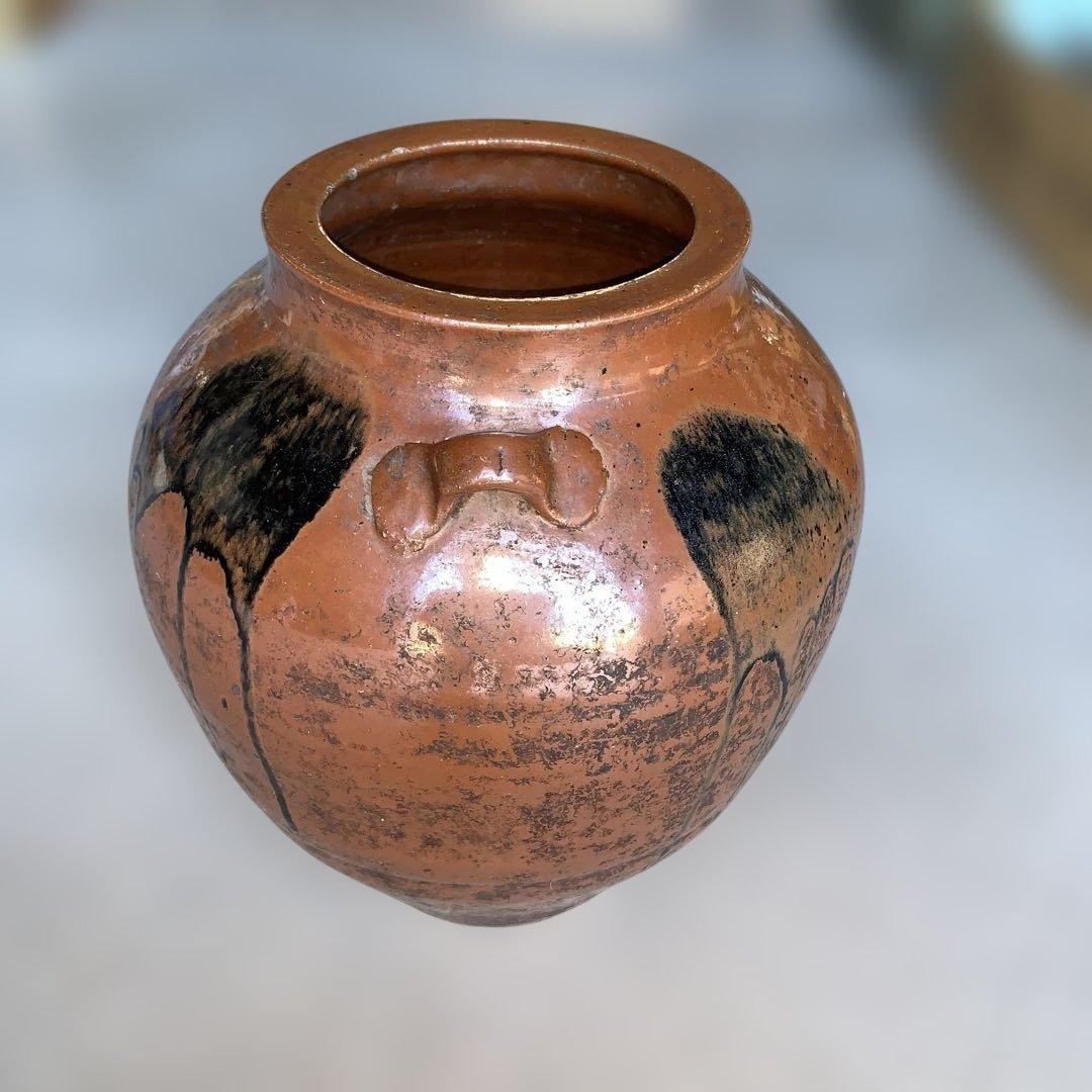 茶色の陶器製，百年灰釉双耳壺 特大32.6㎝ 日本古陶 古美術品 旧家収蔵品
