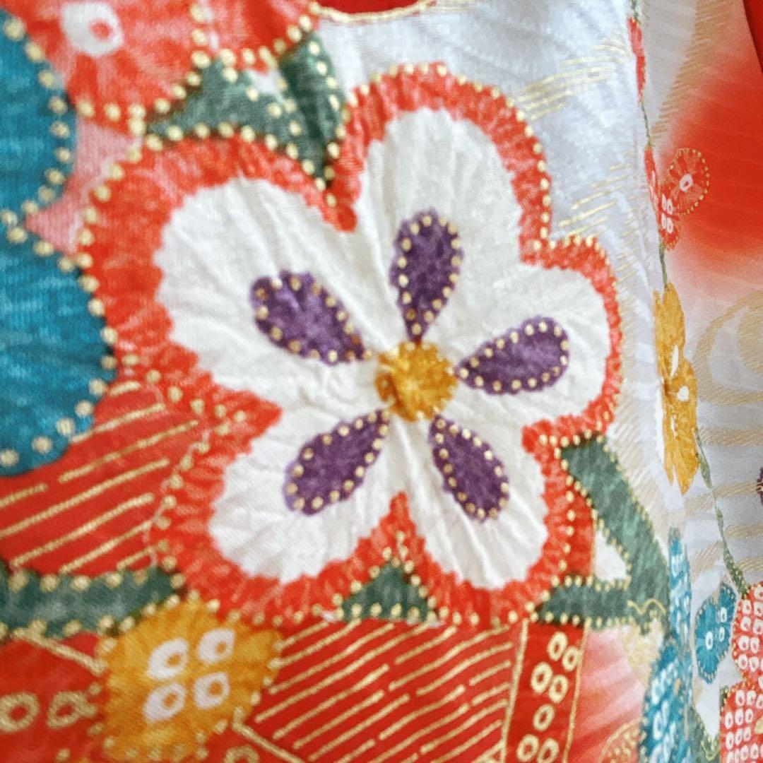 セット七五三7歳女の子長着＆簡単半衿＆結帯＆草履＆バッグ＆小物朱色帯黄系ゴールド