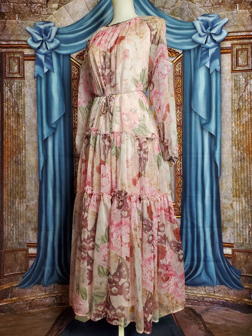 フリー【新品インポートセレクト】花柄シフォンティアードワンピースピンク