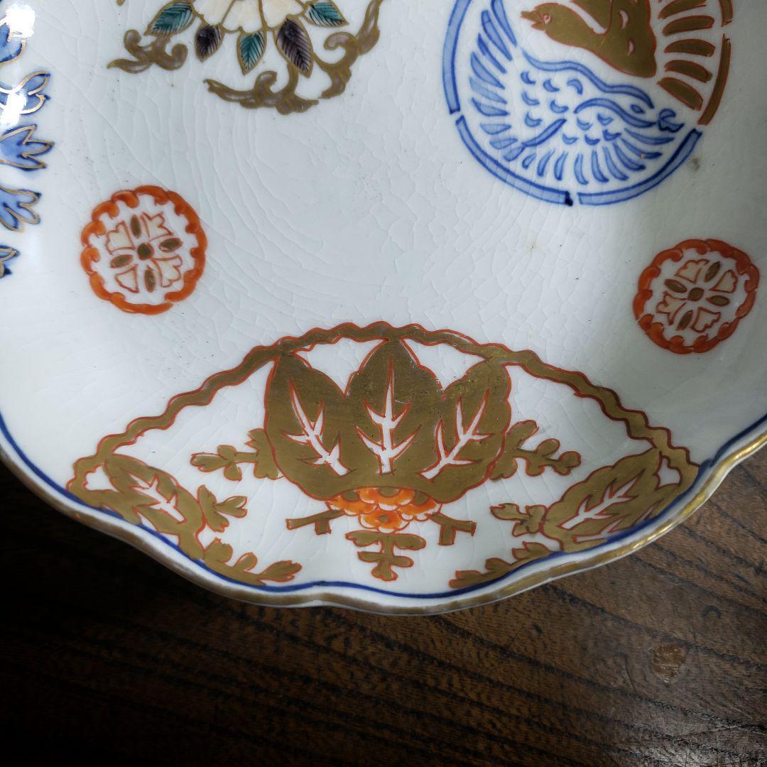 皿 色絵 金彩 牡丹唐草 鶴丸文 二重角富 宝尽くし 桐文花弁縁 古伊万里 イ号