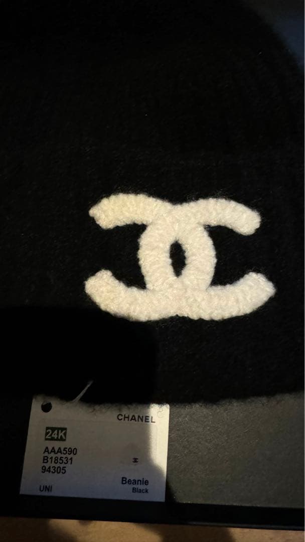 正規 CHANEL 24秋冬限定 ロゴ ニット帽 ウール 黒 24K ニット帽