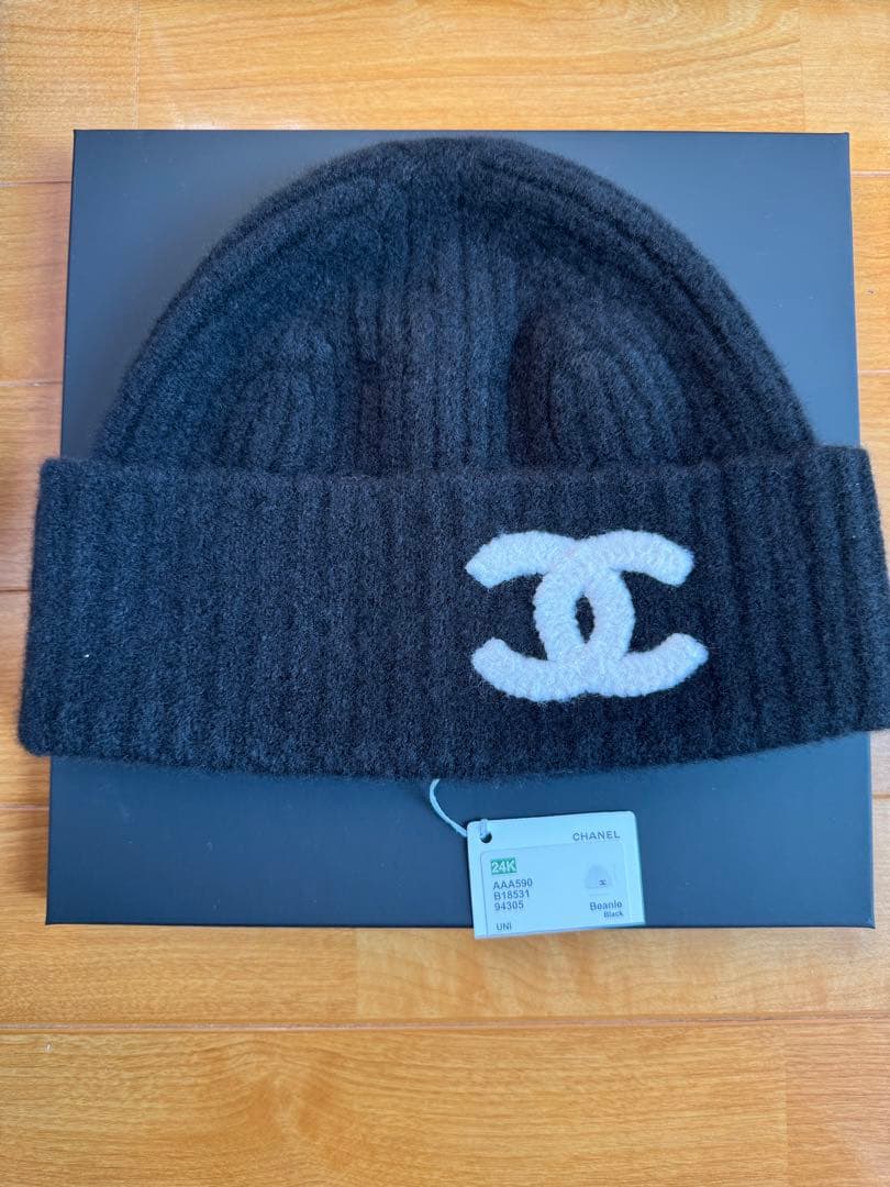 正規 CHANEL 24秋冬限定 ロゴ ニット帽 ウール 黒 24K ニット帽
