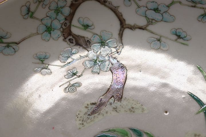 中国　清朝期　粉彩四君子鑑賞大皿①　アンティーク　送料込み0621