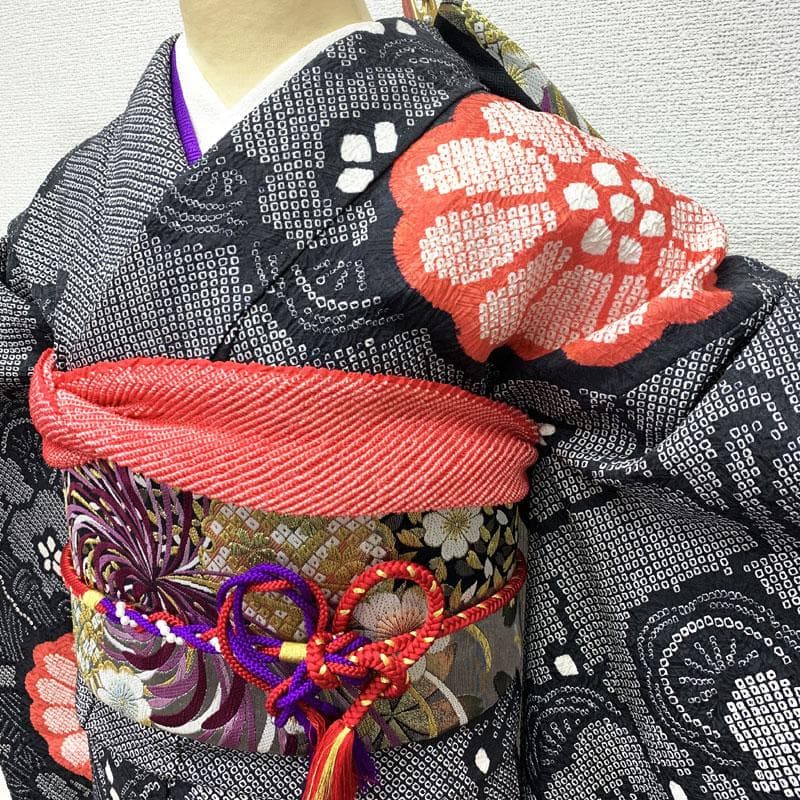 406z50.211y22.小物類☆振袖 総絞り 黒 成人式 結婚式 十三参り