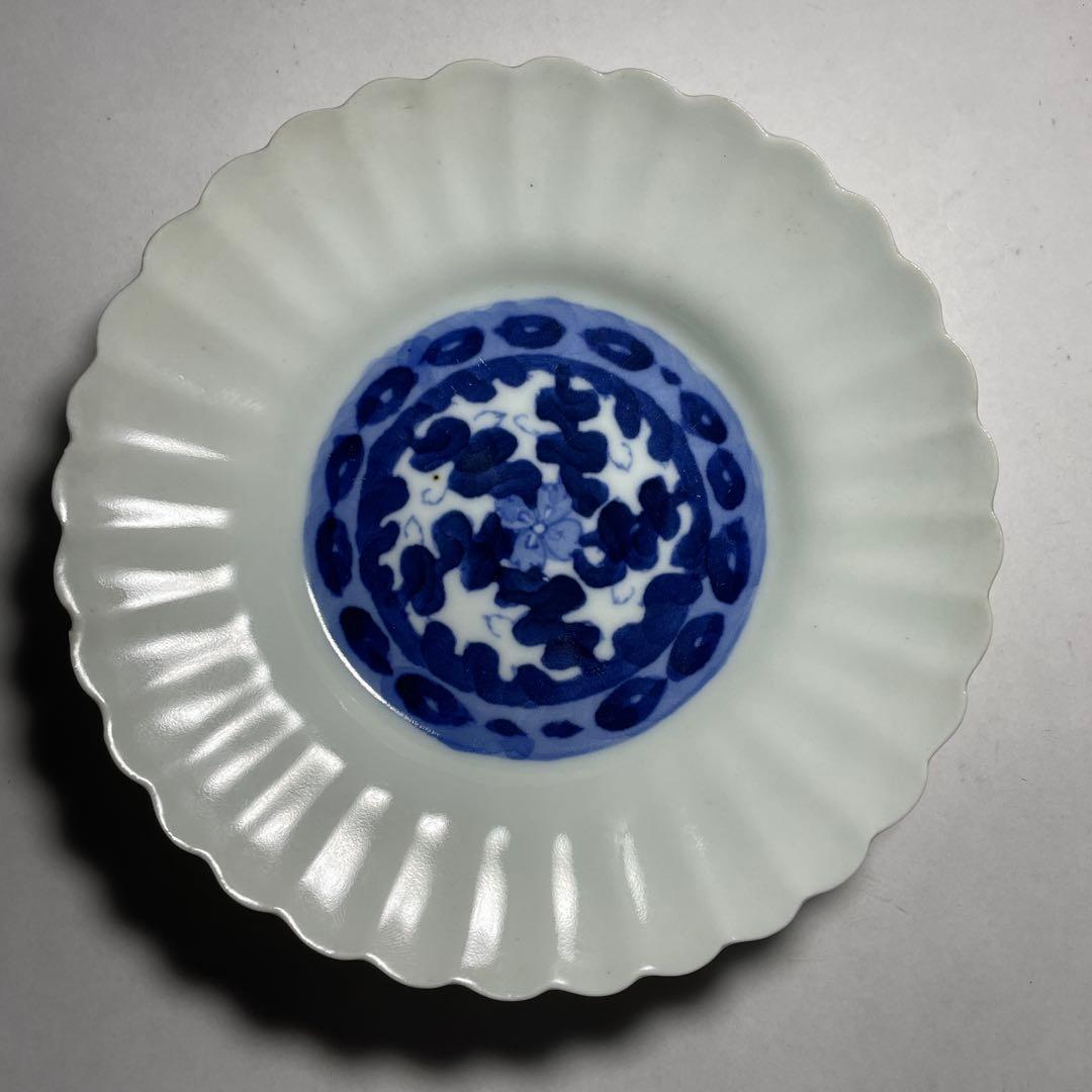 ◆染付菊形輪花皿5枚 花文 中皿 旧家蔵出し品 美品 江戸幕末期〜明治初期◆