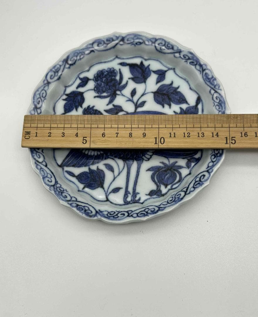 元時代　染付青花牡丹鳳凰花鳥文洗　輪花盤　古染付皿　唐物(A-79)
