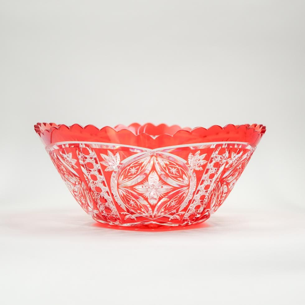 ボヘミアガラス 朱色 ボウル 32cm 花生け