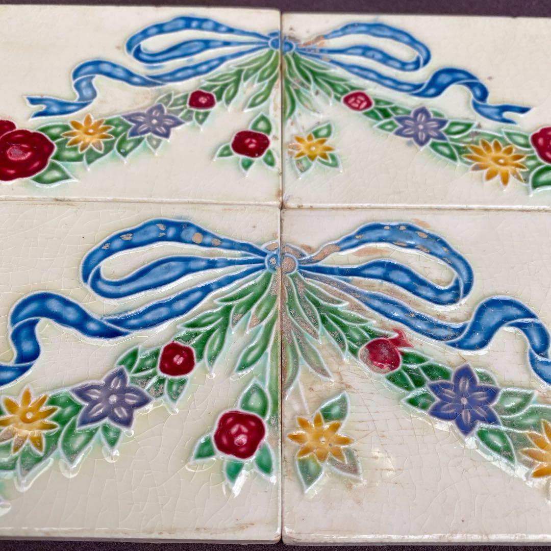 ハンドメイド日本製アンティークマジョリカタイル⑤４枚セット　プラナカンタイル